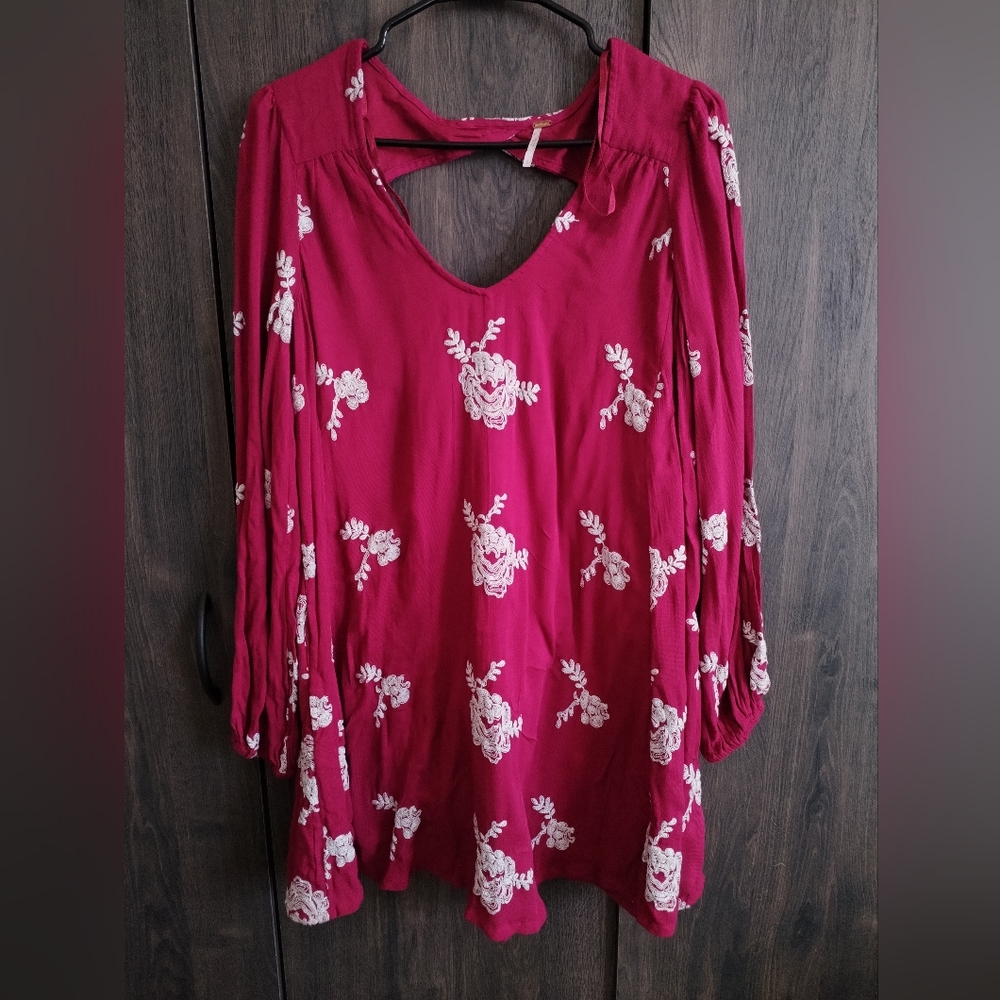 Free People Austin Emma Magenta Hot Pink Embroided Mini Swing Dress Small Petite